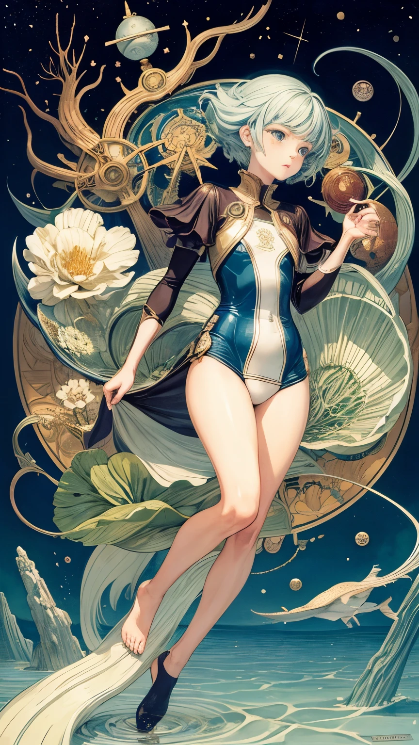 Takuya Fujima, Kay Nielsen, Usamaru Furuya, Hannah Frank in full colours, Eugène Grasset, Surrealism, wonder, strange, fantastical, fantasy, Sci-fi, beautiful girl in a school swimsuit sinking forever in the deep sea of the internet, perfect voluminous body, architecture, mathematics, physics, chemistry, astronomy, detailed masterpiece connected world