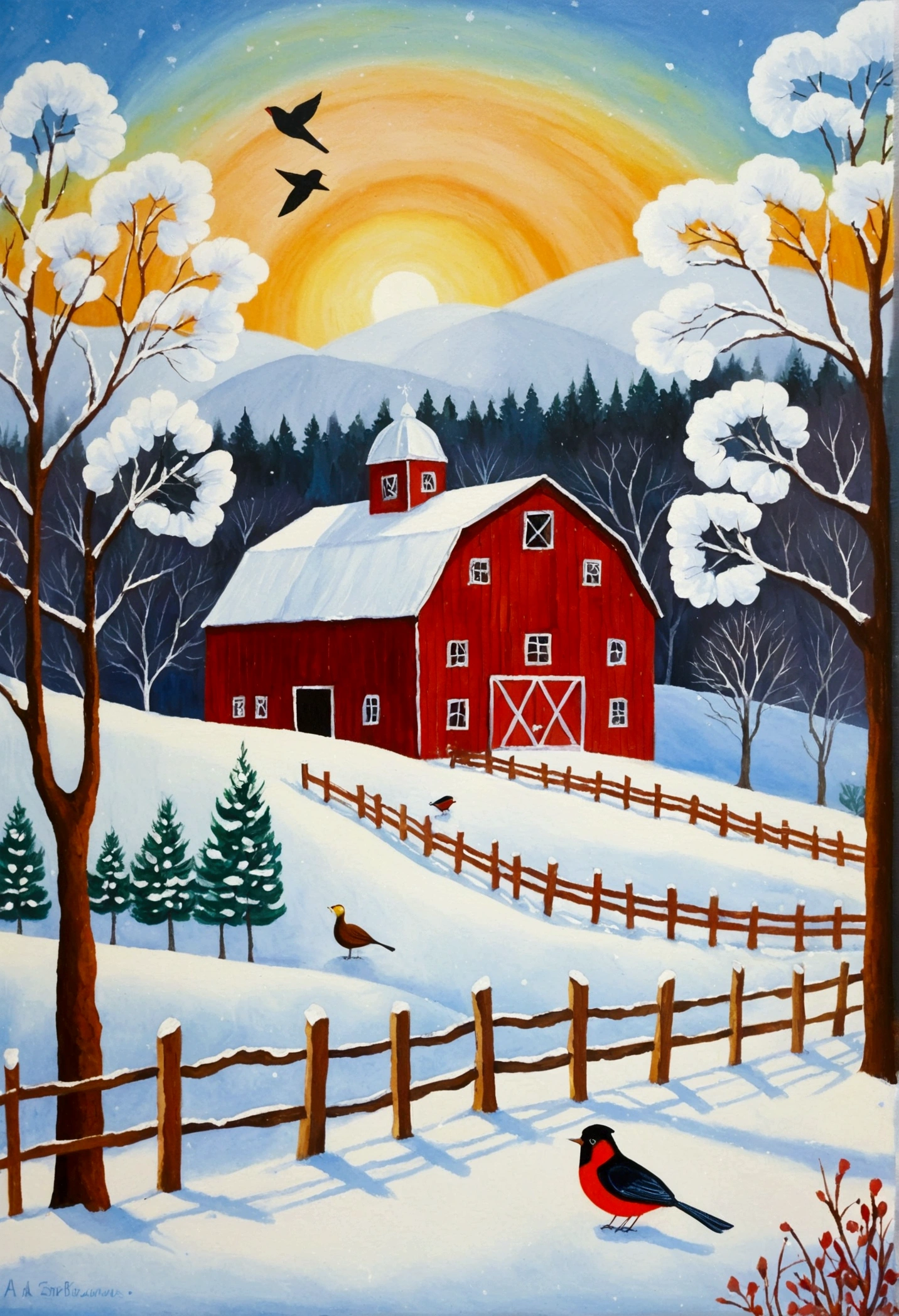 A painting depicting a snowy scene，The painting shows a red barn and a bird, Watercolor Painting Inspired by Grandma Moses, shutter, Childish Art, Jane Newland, winter, 格雷格·鲁特科斯基 winter, 充满活力的Gouache风景, illustration, 水粉illustration, Winter Vitality, Gouache, Gouache细节, Winter scene, winter landscape