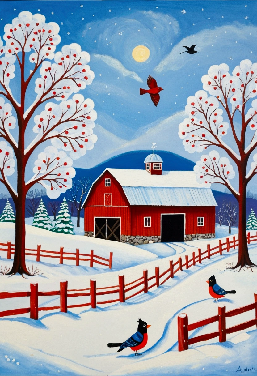A painting depicting a snowy scene,The painting shows a red barn and a bird, Inspired by Grandma Moses, Jane Newland, winter, author:Zofia Stryjanska, author:Anna Maria Barbara Abesh, author:Benjo Obreshkov, author:Andre Pronasco, author:Bohumil Kubista, author:Wlastimil Hofman
