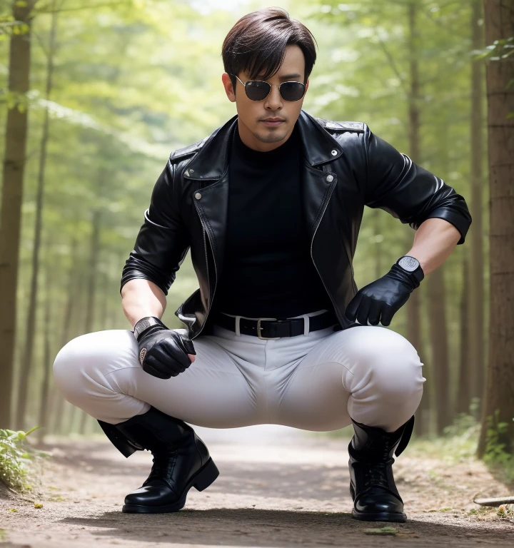 40 years old,One Man,トルコのHandsome戦闘員,forest、Squat with your legs wide apart、Hold a gun,logic,Gay ,Short Hair、Short Hairのオールバック、Stubble,Handsome、Fighting spirit、The crotch area is bulging。Shocker Belt、Black boots、Black gloves、Black sunglasses、