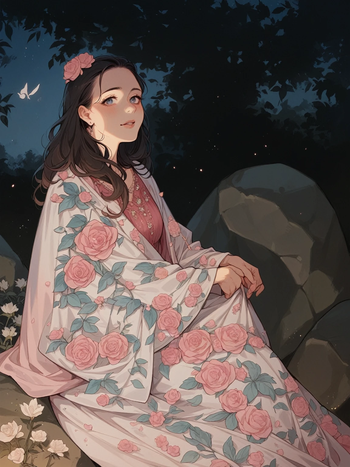 woman sitting on a rock with a pink dress and flower in her hair, wearing pink floral gown, at night time, wearing a silk kurta, dressed with long fluent clothes, candid picture, very very low quality picture, taken in the night, with lovely look, taken with a canon dslr camera, taken with the best dlsr camera, wearing pink floral chiton