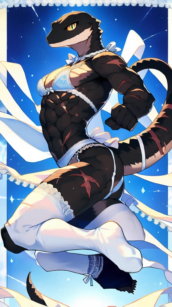 One person、Slender lizard man、masterpiece、Highest quality、Black body、There are scars on the body、Sharp Eye、Light blue lace underwear、Lace fabric bra、Knee-high socks、garter belt、Long, thin tail、Jumping in the night sky、Side view、Ass、The body is arched back