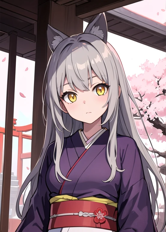 masterpiece, Highest quality, One girl, Yellow Eyes, Long Hair, Gray Hair, wood, stage, Are standing, kimono, null, cherry blossoms, Temple, View your viewers, Upper Body, From below, Recall,