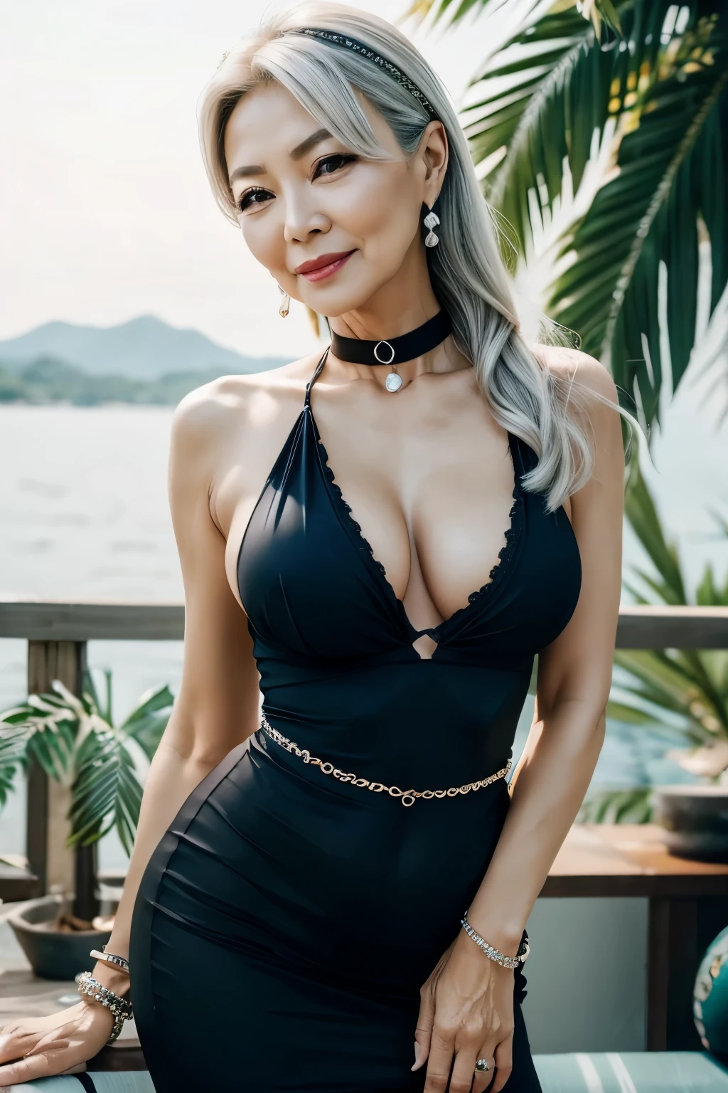 75 years old Mom MILF Chinese Lady large earring Big choker navel piercing decoration A bracelet Silver Hair realisitic Gorgeous Madame Beautiful Mature Woman sexy Smile Gentle woman navel piercing 4K High quality ストッキング