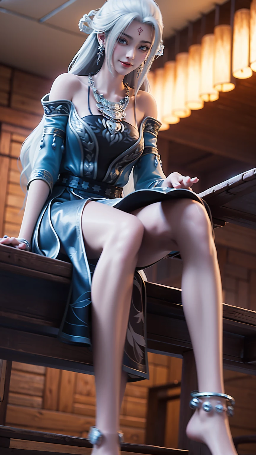 ((Shot in the knee)), ((From below)),A young girl, Wearing a skirt,At the bar, sit on the chair, Cross your legs, Posing elegantly, Detailed scenario, Messy long hair, Blush Blush, Beautiful slender legs, (Very high color saturation), details, Ultra Detailed, (masterpiece, Best quality), (Extremely exquisite and beautiful work), Delicate earrings, Exquisite necklace, Simple blur background, Extremely detailed description, Super Fine, Delicate face, slim body, Thin waist, (Grin), (Anatomically correct),whole body,barefoot