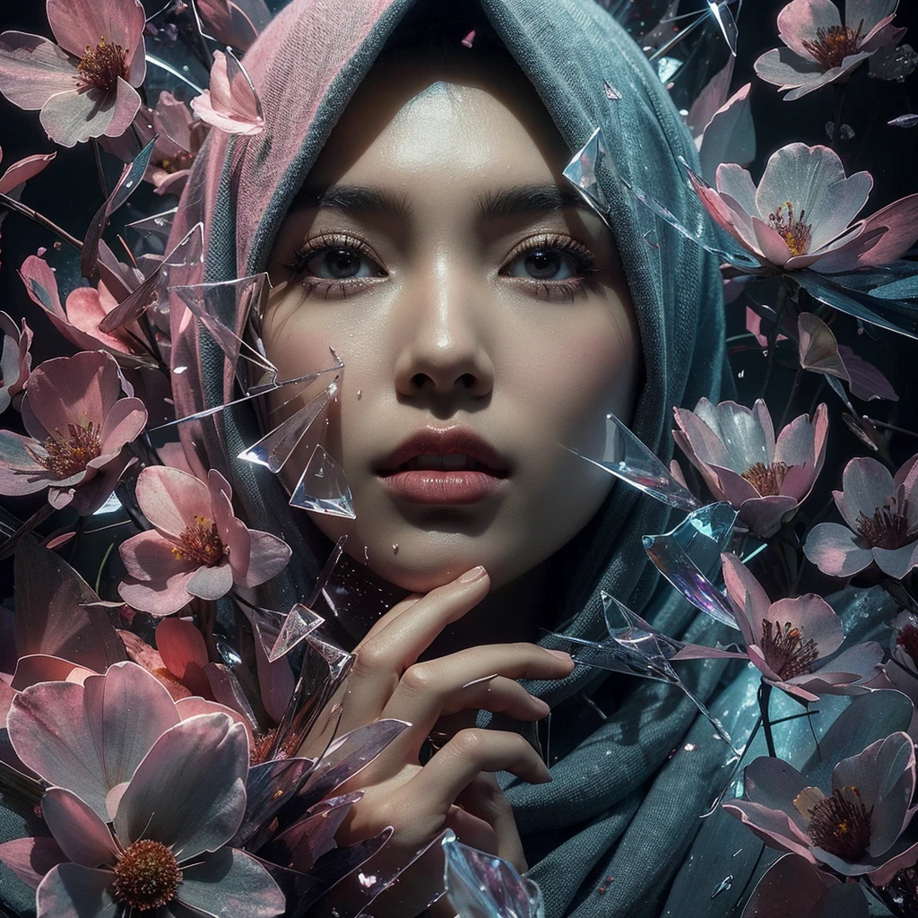 A captivating digital artwork by Mozza, featuring an Indonesian woman wearing a hijab. The woman\'s reflection is depicted through translucent chromatic glass shards, creating an abstract and elegant aesthetic. She is surrounded by shattered and scattered flowers, evoking a sense of tranquility or introspection. The woman\'s gaze meets the viewer\'s eye, drawing them into this moment of beauty and contemplation. The overall composition is trippy and mesmerizing, with a strong focus on the interplay of light and color.