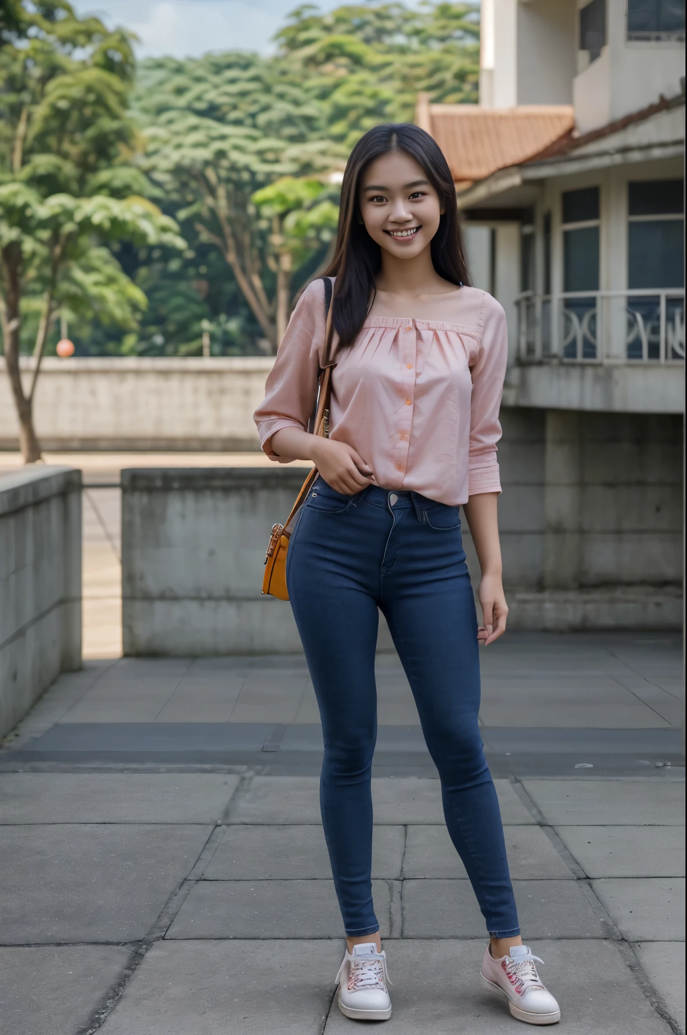 20 years old, a beautiful girl, an indonesian descent, an actress, peach blouse, navy blue skinny jeans, with sneakers and bag, smile, standing, beauty, photorealistic, university, likely, loveable, 8k, perspective
