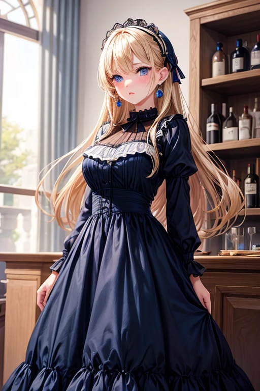 One adult woman,cool,Beauty,blush,Navy blue lolita dress,Long Skirt,straight,long,Blonde,Blue Eyes,Big earrings,Looking this way,front,Drinking whiskey,