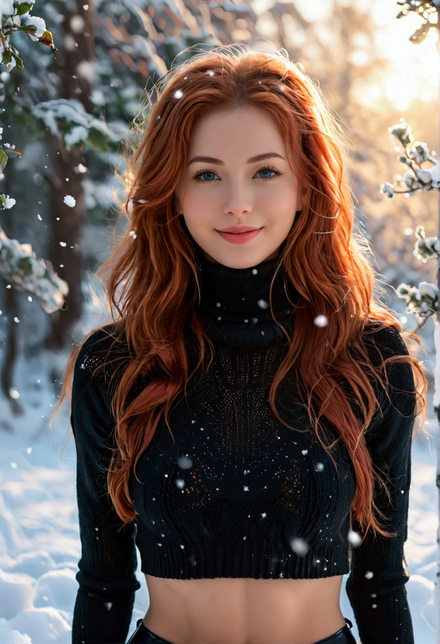 (full body shot:1.1) photorealistic image of a (standing pose:1.1) woman, ultra realistic, photography, long red hair, girl, 24 years old, hourglass figure, perfect body, Flirty look, natural medium breasts, blur background, A stylish photo that exudes glamour, a pair of beautiful legs, her perfect figure set off her fair skin in a turtleneck sweater and tight yoga pants. The scene is set in a snowy landscape, full of femininity. The girl has an infectious smile, captivating eyes, and a sensual expression that complements her for a truly captivating photo, she wears black ankle boots and is standing in the snow, (full body shot:1.1) photorealistic image of a (standing pose:1.1) woman, we see her head to toe, full body picture, full body, wide angle, wide angle shot
