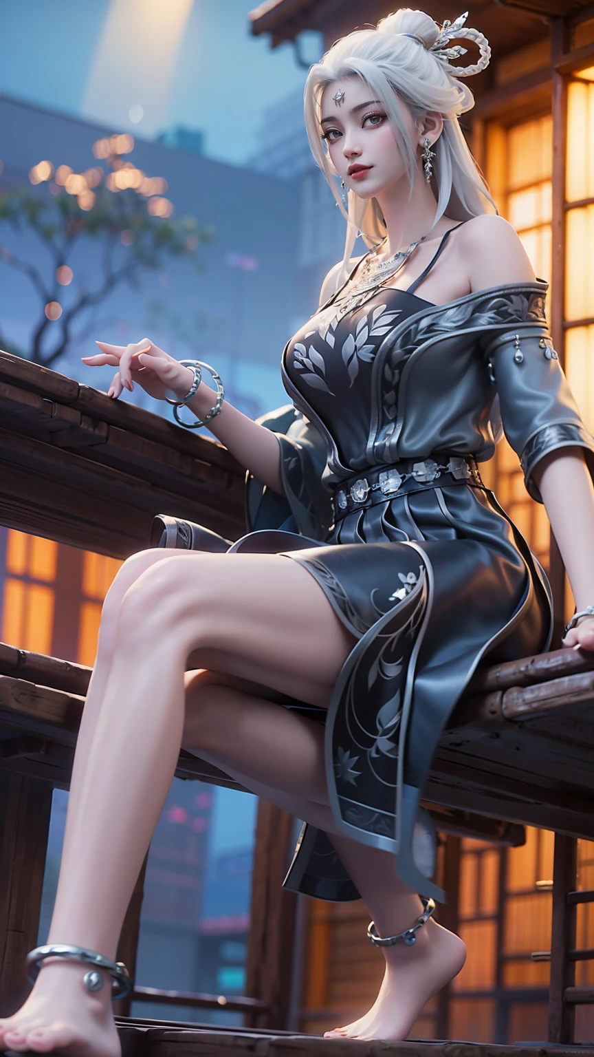 masterpiece, best quality, tthl, 1 Girl, 16 years old, Solitary, Long hair:1.2, Large Breasts,, Hair accessories, skirt, Bare shoulders, Jewelry, Alternative clothing, bracelet, ear rings, 长skirt, 蕾丝skirt, bracelet, barefoot, 细barefoot, Charming smile,Cross your legs, Sitting in the bathtub, indoors, From below,camisole