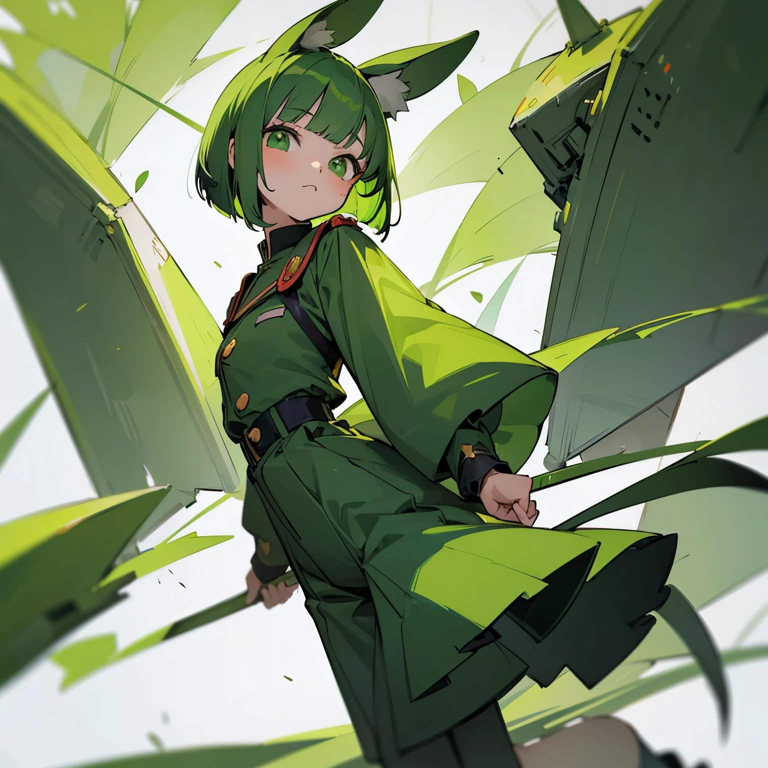 Green rabbit ears, green animal ears, a girl, bob cut, green hair, green eyes, look young, alone, short, tiny, Lolita, childhood, military uniform,pants, kawaii, cute,