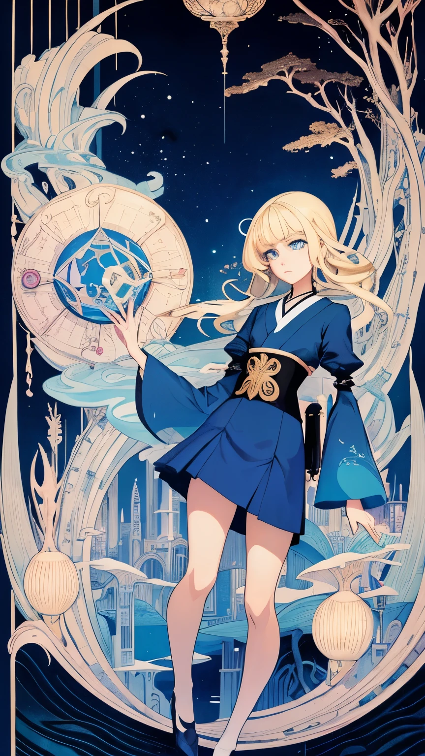 Sydney Long, Harold Gaze, George Barbier, Kay Nielsen, Shigeru Tamura, Surrealism, wonder, strange, fantastical, fantasy, Sci-fi, Japanese anime, towering mathematical formulas, running blue spring blonde miniskirt beautiful girl Alice, perfect voluminous body, town inside a music box, detailed masterpiece 