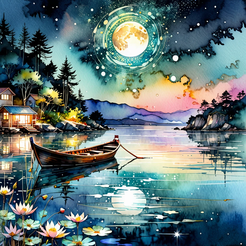 Beautiful boat on sparkling water in the moonlight. Digital watercolor night illustration of a summer sunset, por Waterhouse, Carne Griffiths, Minjae Lee, Ana Paula Hoppe, Stylized watercolor art, intrikate, Complex contrast, HDR, Spitz, Soft cinematic volumetric lighting, flowery pastel colors, long and wide shot, Perfect masterpiece"