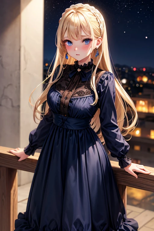 One adult woman,cool,Beauty,blush,Navy blue lolita dress,Long Skirt,straight,long,Blonde,Blue Eyes,Big earrings,Looking this way,I have whiskey,night