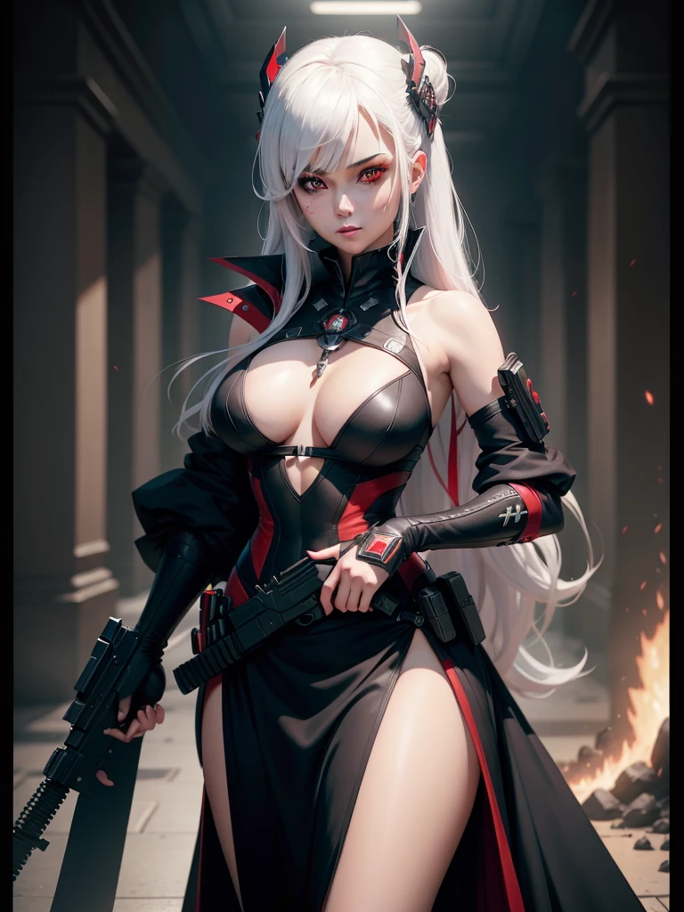 There was a woman with red eyes and red and white hair, wearing a black dress, holding a large gun.,Semi-sheer gauze position on the chest, High quality 8k detailed artwork., Ross Tran Style, deviantart artstation cgscosiety, In the style of Ross Tran, Ross Tran 8 g, Guvis style art, A very detailed RTM pathogen., Argerm style, Kushatt Krenz Key Art Women
