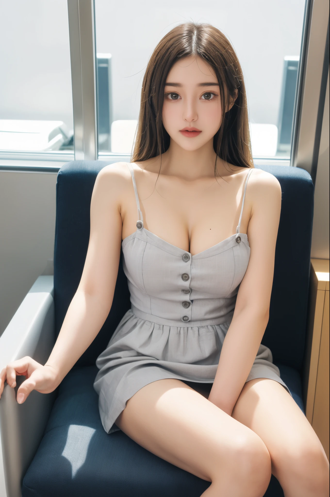 (masterpiece, Best quality, 8 K, RAW photo, beautiful and aesthetically pleasing:1.2), complex part, Indirect light, photorealistic,
whole body,
Linen sundress with buttons and square neckline,
Train women , chair for sitting under skirt,