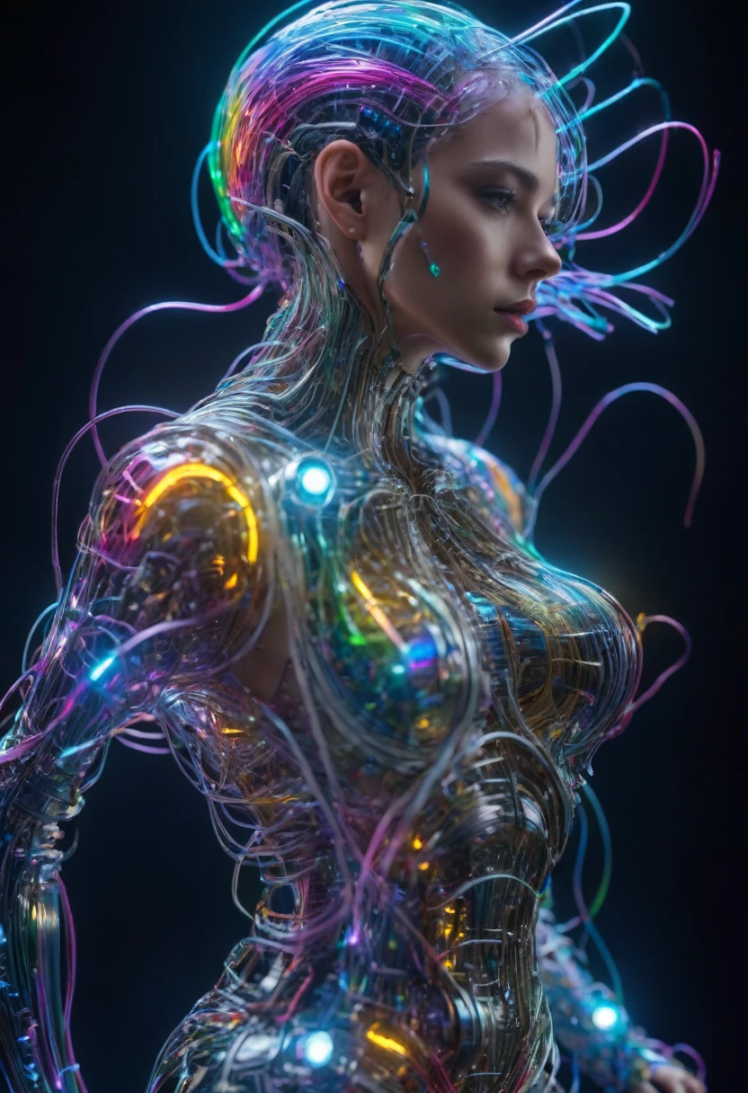 Ultra-Realistic Capture,18k,RAW Photos,Highest quality,masterpiece,reality,Very detailed,Female Android,Glamour,Her whole wet body is visible,(((whole body:1.5))),(((Beautiful Skin, Transparent glass skin,Transparent muscles)), ((Clear images of electronic systems)), Detailed Brain Vision, Numerous detailed connection lines, Mechanical Limbs, Tubes connected to machine parts, Mechanical vertebrae attached to the spine, Mechanical cervical attachment to the neck,Joints are mechanical,Numerous wires and cables connected to the head, (whiteい液体のプールの中で), cybernetics, cyber punk,Sharp focus, Hyperrealism, Very detailed, Intricate details,Small glowing LED lamp, Global Illumination, Deep Shadow, Octane Rendering, Ultra Sharp, Metal, Exquisite decorative details, Baroque details, reality的な光, To the camera, Neon Details, Complex body poses, A breathtakingly beautiful female humanoid cyborg android, Impressive big eyes, Delicate features, Future SF, Complex transparent mechanical parts, Numerous glowing cybernetic implants throughout the body, Active Pause, Surreal, reality的, masterpiece,Cinema Lighting, Dramatic Shadows, Vibrant colors, very saturated, Neon Highlights, Glowing Energy Field, Complex Machinery, Sleek and modern, State-of-the-art technology, Advanced AI, Seamless integration of organic and mechanical elements,Portraiture,((非常に長いwhite髪)),Long legs,Standing on tiptoes,Wet Hair,Disheveled Hair,white,Acrobatic pose,Rainbow Skin,particle,