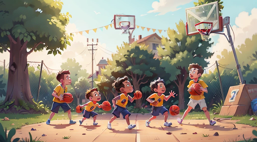 Image inspired by Disney/Pixar films kids playing basketball in jerseys that say "Evangelismo kids"