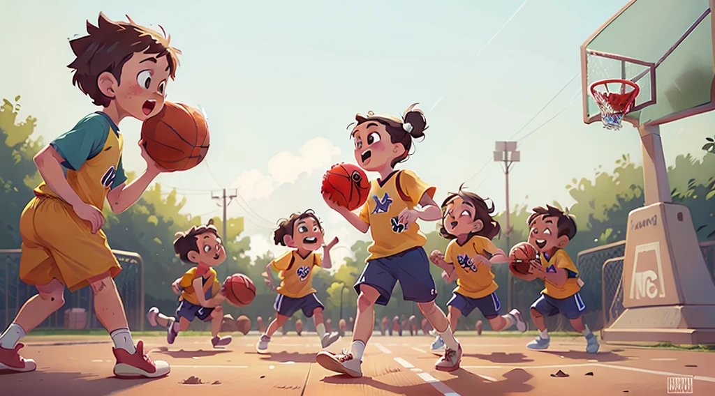 Image inspired by Disney/Pixar films kids playing basketball in jerseys that say "Evangelismo kids"