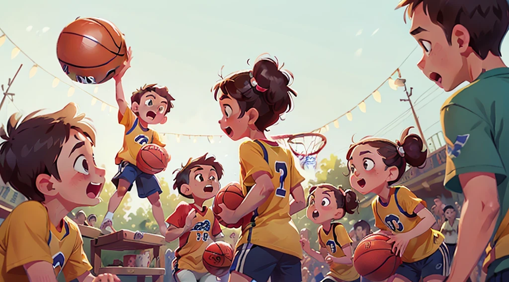 Image inspired by Disney/Pixar films kids playing basketball in jerseys that say &quot;Evangelismo kids&quot;