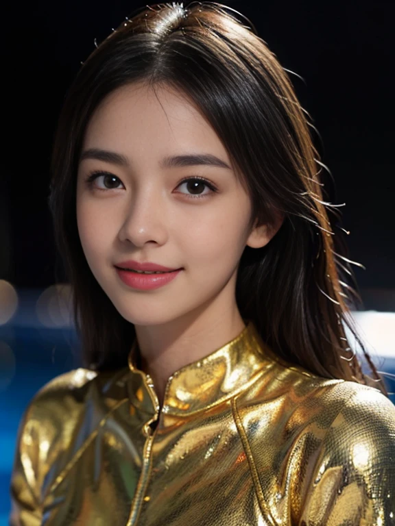 Latex bodysuit、Knee-high boots、Huge 、Long brown hair、Shiny, Oily skin、Glowing Skin、Indoor competition pool、White skin、 Body Portrait, 8k, Narrow and beautiful eyes, Dindal effect, masterpiece, 最high quality, high quality, High resolution, Very detailed photos, (Natural skin texture, Fine skin, Hyperrealism, Ultra Sharpness) , Skin with attention to detail, (Very fine, Fine skin texture, Intricate details, Beautiful Face, (A vivid face), Realistic eyes, Beautiful and detailed, Realistic Skin, Beautiful Skin, surreal, Very detailed, Golden Ratio, Smiling Eyes, ((Night moonlight background)), Body Portrait, glamorous, Shiny Bodysuit