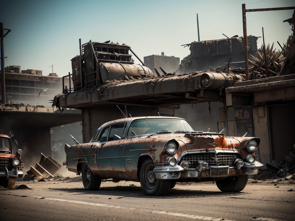 Create a diagonal and accurate image of an 18 year old girl with sunglasses leaning next to an old rusty and dirty 1955 Cadillac Eldorado with METAL spikes on the hood, War vehicle, WITH MANY SKEWERS AROUND the bodywork. WIDE AND THICK DIRTY WHEELS, front with a broken, blood-stained metal spiked anti-zombie grille with several rusty spikes; military style with modifications and metal protection, war tank style, broken and dirty headlights, the car races on a destroyed white concrete overpass in the center of a post-apocalyptic city with many ruined ultra futuristic cylindrical buildings around, steampunk car, dramatic art, dieselpunk art style, apocalyptic road warrior vibe, surreal digital art, mad max inspired, heavy metallic artwork, chrome grille symmetry, arte steampunk digital, It&#39;s not the Mad Max style, metallic art, is not Filip Hodas; artwork style, steampunk digital art, dieselpunk, in a hightech world, photo on the diagonal