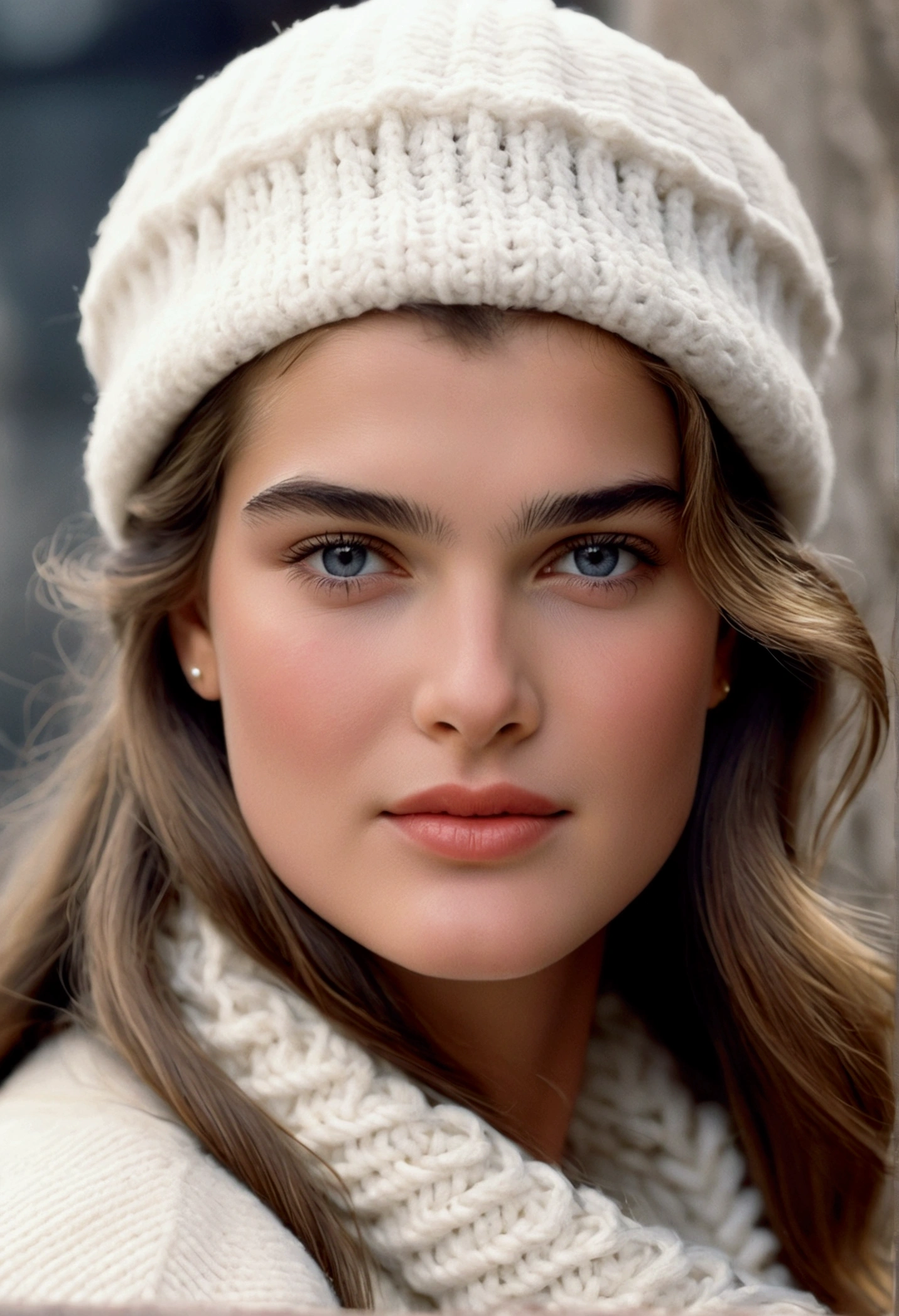   Brooke shields ((looking very beautiful)) ((((very beautiful face)))) (((in cold wearing white woolen cap ))) ((blur eyes))