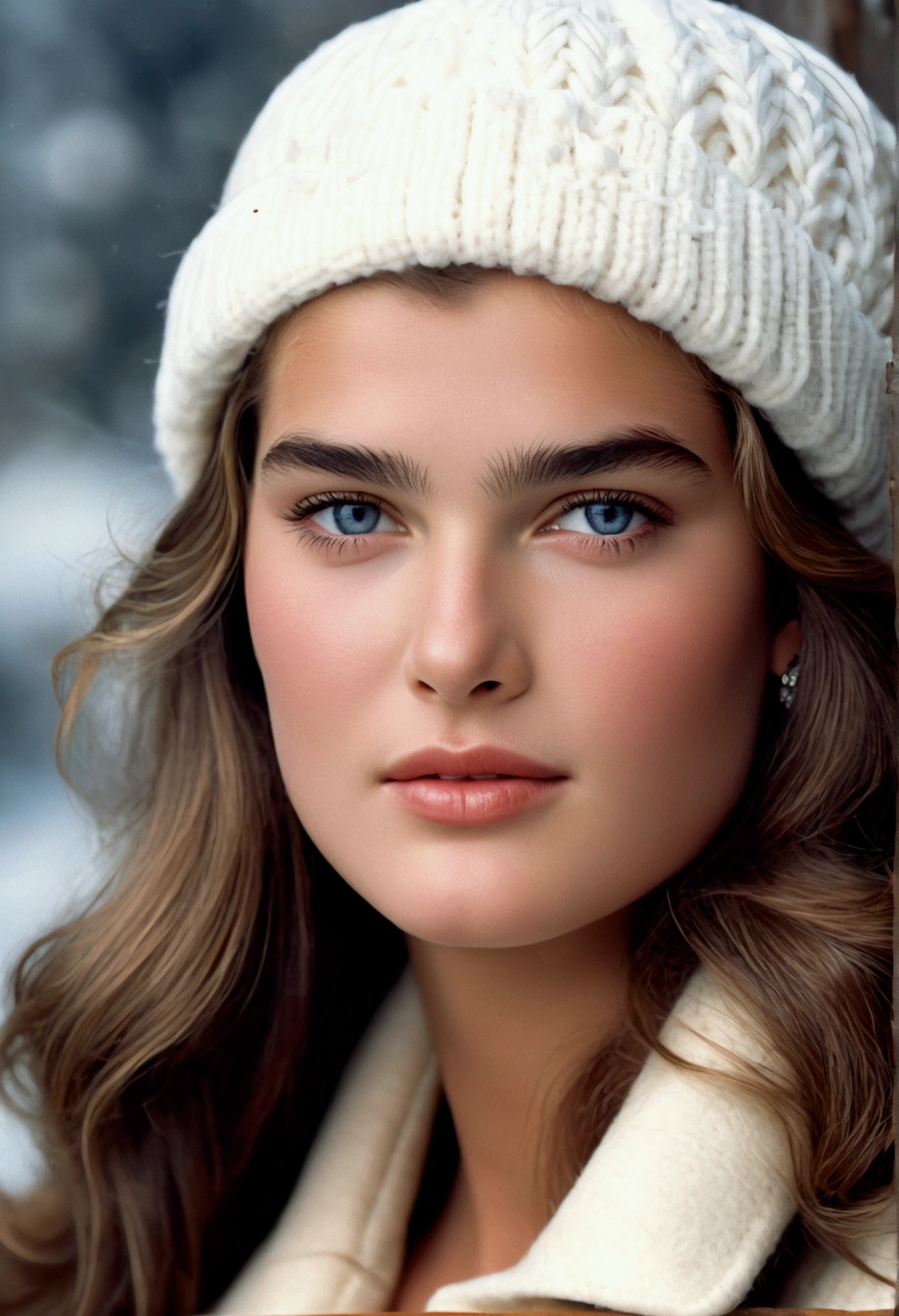 Young 16 year old Brooke shields ((looking very beautiful)) ((((very beautiful face)))) (((in cold wearing white woolen cap ))) ((blur eyes))