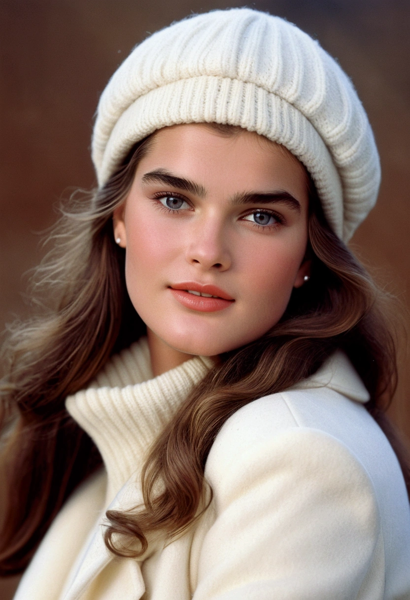 Young 16 year old Brooke shields ((looking very beautiful)) ((((very beautiful face)))) (((in cold wearing white woolen cap ))) ((blur eyes))