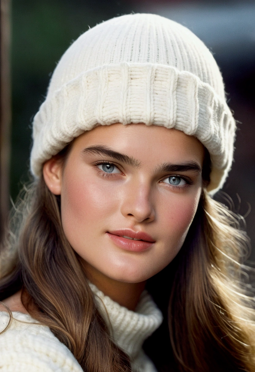  Young 16 year old Brooke shields ((looking very beautiful)) ((((very beautiful face)))) (((in cold wearing white woolen cap ))) ((blur eyes))