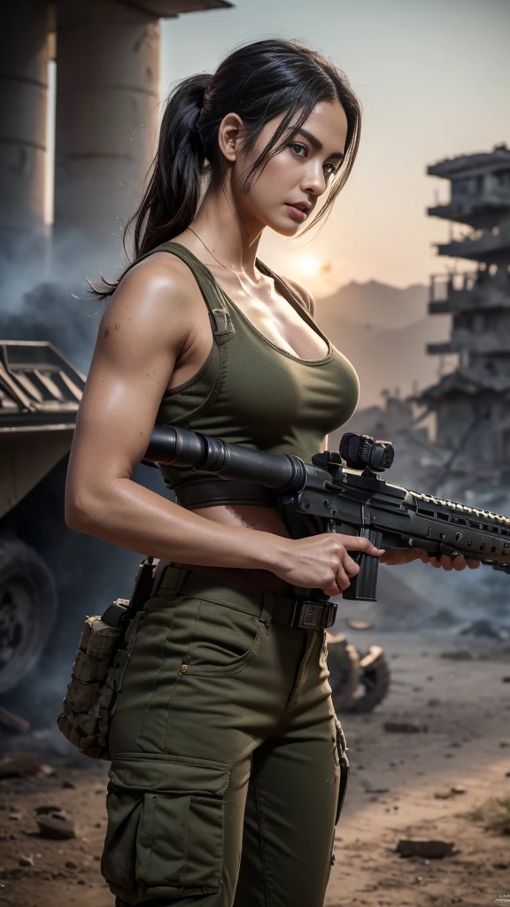 (8K, Raw-Photo, best qualtiy, tmasterpiece:1.2),(realisticlying, photograph realistic:1.4),(Highly detailed CG unity 8k wallpaper),(Round face: 1.5), (detailed pupil:1.3),(Cool Eyes:1.1),(little smile:1.1),(Unforgettable Eyes:1.1),(The eyes are so beautiful:1.1),
24yo, Korean Woman, tanned, bronze skin, Clothed U.S. Marine Corps Uniform, Fighting on the battlefield, strong muscles, world war, Modern War Theme,Army Girl, assault rifle, (holding rifle: 1.3), (Aim and hold the rifle.: 1.3), very beautiful italian military girl, Infantry Girl, Shootout, air raid, air raid, Military, Green military tank top, Burning Vehicles, Warzone, battlefield, karo, ruins, explosions, The Burning City, smoke, Torn tank tower, navels, glove, Ripped military pants, A face stained with mud and blood, skin wet with sweat, bloody skin, Skin stained with mud, tiny, cleavage, Expressions of Determination, Strict wording, Highest Quality, The ultra-Highres, absurdities, realisitic, physics based rendering(physics based rendering(Physically Based Rendering)), Cinematic lighting, Complex and cinematic appearance,Cinematic Soft Light, soothing tones, Battlefield Background, city war background, Photorealistic, cowboy shots, Dynamic Angle,Jeep parked on a brick road in the parking lot, Jeep Wrangler, jeep, Front Profile, 🦩🪐🐞👩🏻🦳, Front profile shot, Mahindra Tar, electric wires, 8K!!, stunning masterpiece, Fuji Lead, Full Front, 2 0 1 9, 2019, Soft Top, making: Tom Carafique, large breast, aiming gun like sniper
