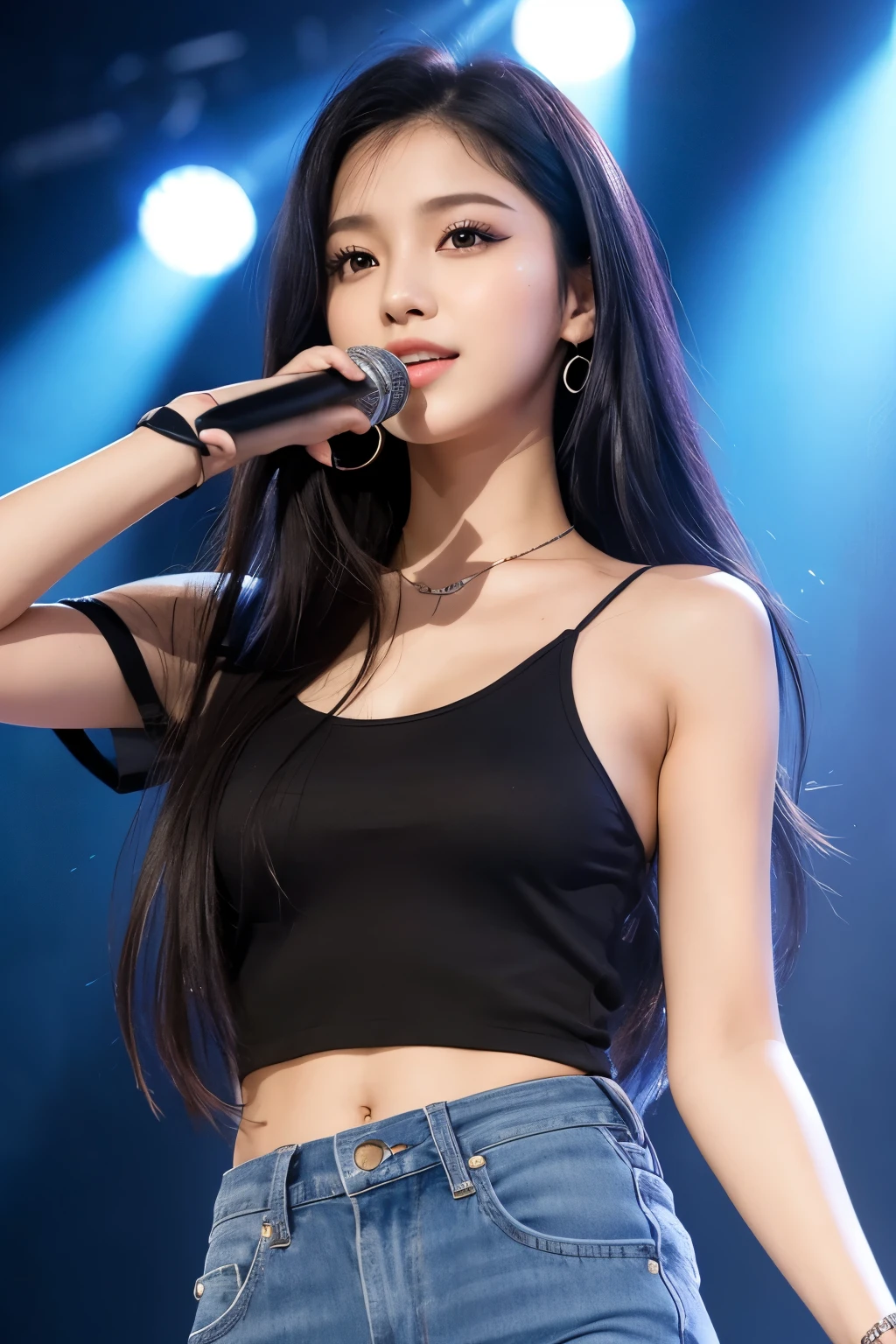 Create an image of a young woman resembling Karina from the K-pop group Aespa. She should have long, straight black hair, sharp facial features, and a confident expression. She should be dressed in a stylish, modern outfit suitable for a pop star, with a mix of casual and chic elements. The background should be a vibrant and colorful stage with dynamic lighting.