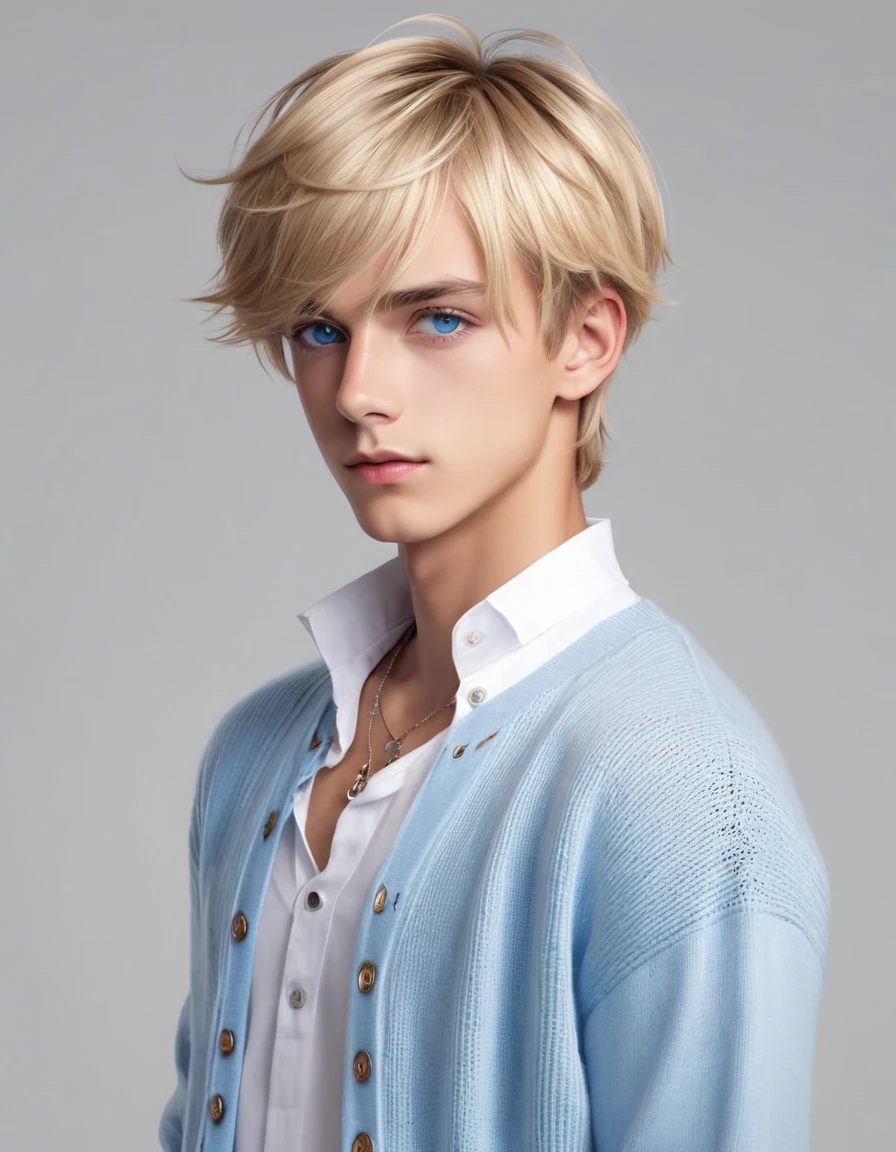 (best quality), 1boy, male, tanned skin, blonde hair, short hair, side bangs, beautiful hairstyle, blue eyes, perfect eyes, white cropped cardigan, blue shirt, skinny jeans, choker, femboy, slender, handsome, attractive, skinny body, masterpiece, anatomically correct, highres
