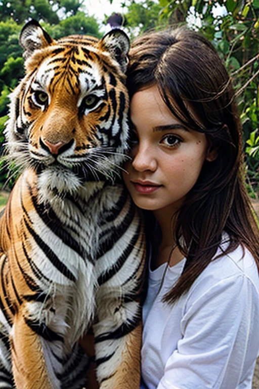 Beautiful little white girl makes the tiger her friend