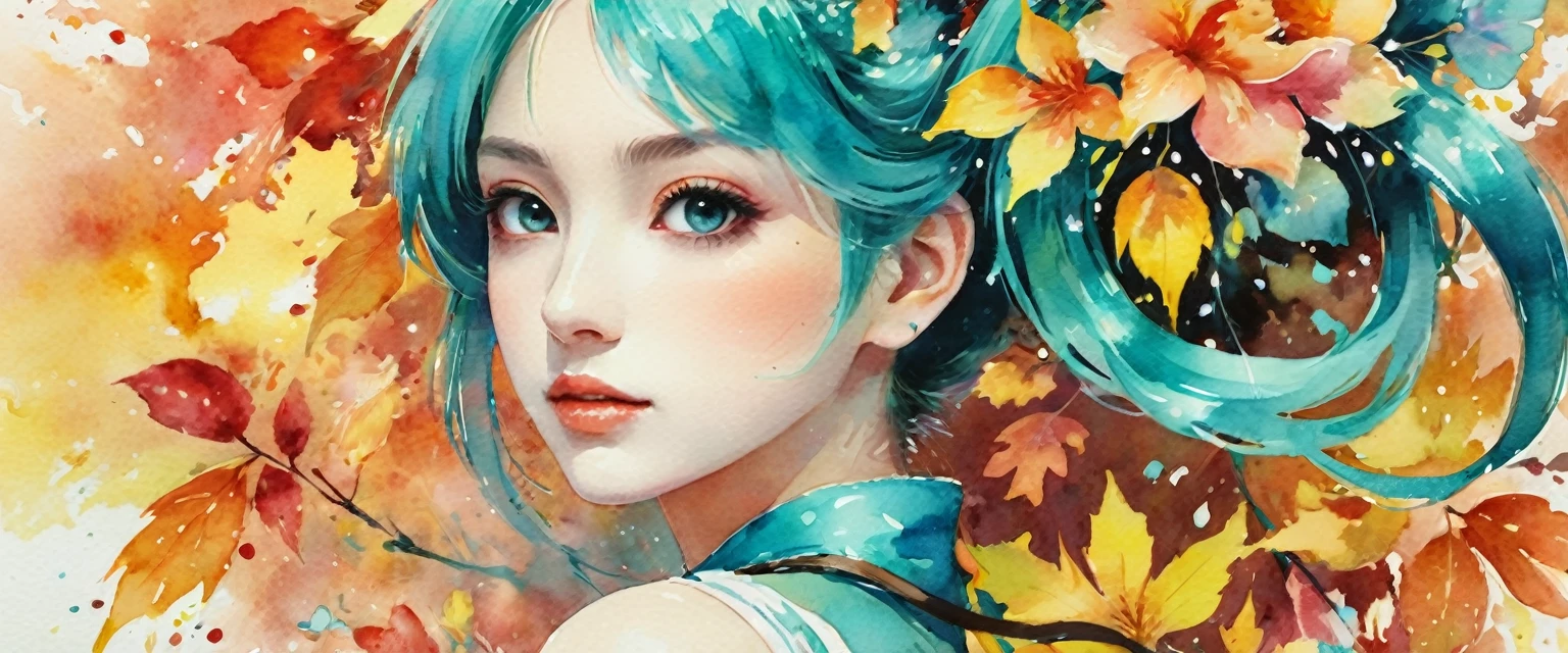 Hatsune Miku、((Masterpieces with up to 16K resolution):1.6), ((Intricate details):1.4), ((Very crazy details):1.4),((Highest quality):1.3),((Soft-colored 4K high-definition digital art):1.3). | (((watercolor:1.5))), ((watercolor painting):1.4), ((Paintings of Women by Agnes Cecil):1.3), ((Flowers):1.4), ((Bright design):1.3), ((Autumn Light):1.1), Gouache with Intricate detailss, pastel colour, Drops of ink, Fine brushwork has been improved, Careful brushwork creates a sense of atmosphere, Utilize delicate yet powerful brushwork techniques, Create an enchanting atmosphere. Very fine gouache, ((Unmatched clarity and clarity):1.1), ((Radiosity rendered in astonishing 32K resolution):1.3), All in sharp focus.