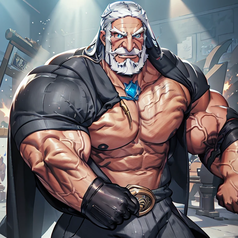 JP (street fighter 6), A angry old man flexing  his chest at the office, alpha male, bodybuilder, very muscular, 80 years old, deatail face, detail eyes, lorde imponente, wearing a cleavage formal shirt and a very tight formal pants, wet body and clothes, very large pectorals, massive pectorals, muscular chest, fighting stance, olhos de cor azuis, grey slong hair, sexy grey beard, thick grey beard, bushy grey eyebrows, blue eyes, brown skin color, dark olive skin color, tanned skin color,  he is sexy, he has a big nose, absurdly big nose, pointy nose, big old nose, sharp hooked nose, nose is very pointy, long gray hair, ear covered by hair, he is showing his big bulge, Obra-prima maravilhosa altamente detalhada, beautiful cinematic light deep focus, elegante, pintura digital, liso, sharp focus, golden ratio, dramatic lighting, 8k, pixiv, bara