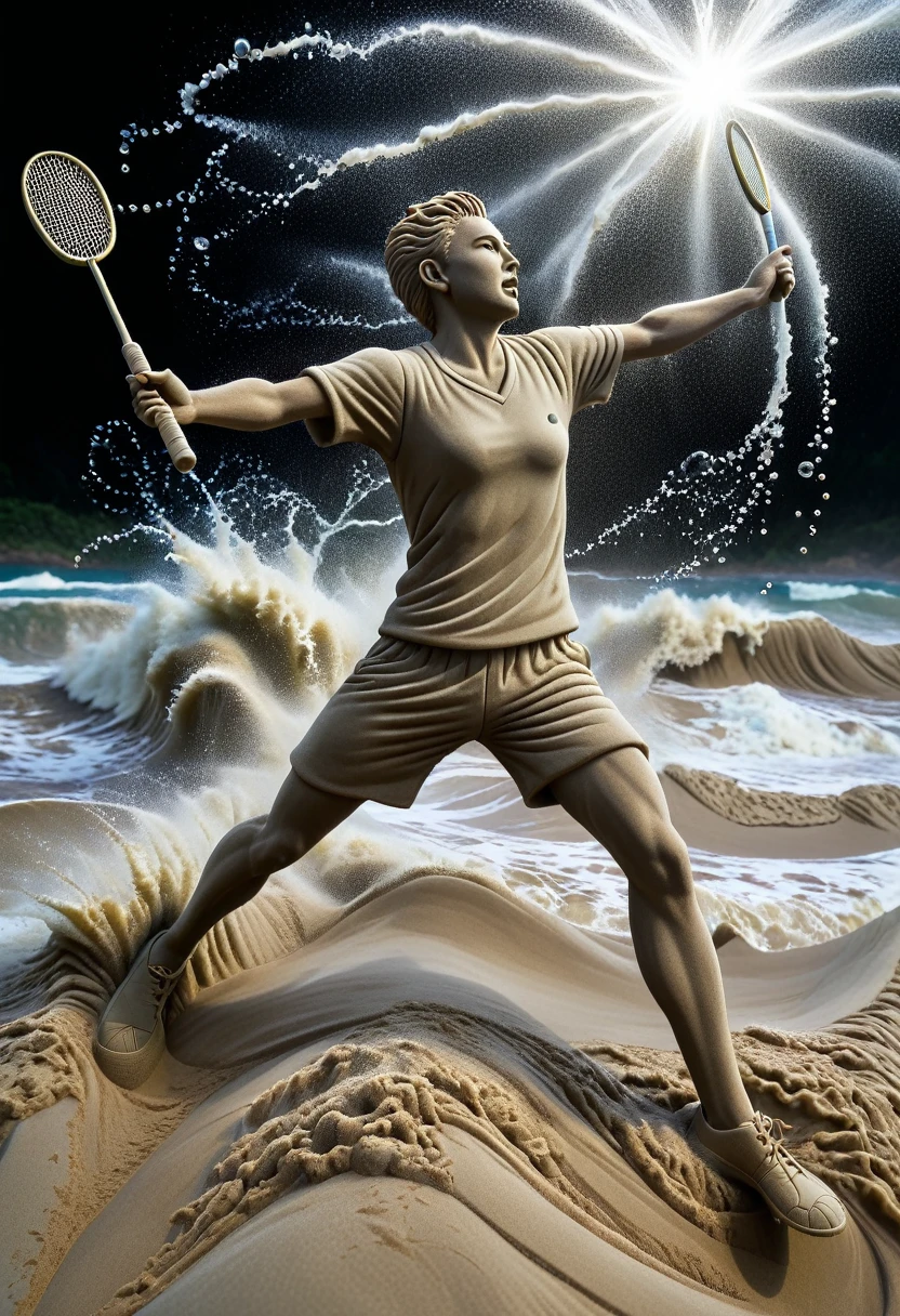 Sand sculpture style, Badminton player serves to conquer huge waves in storm, Water splash,Bubbles spinning in the air.