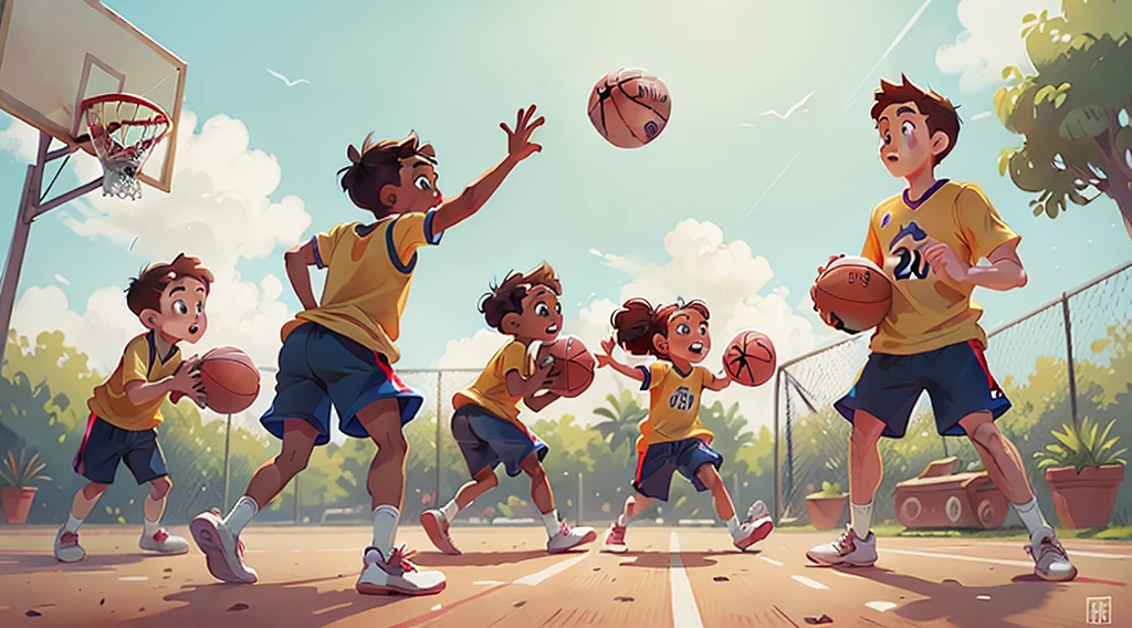 Image inspired by Disney/Pixar films kids playing basketball in jerseys that say "Evangelismo kids",A basketball