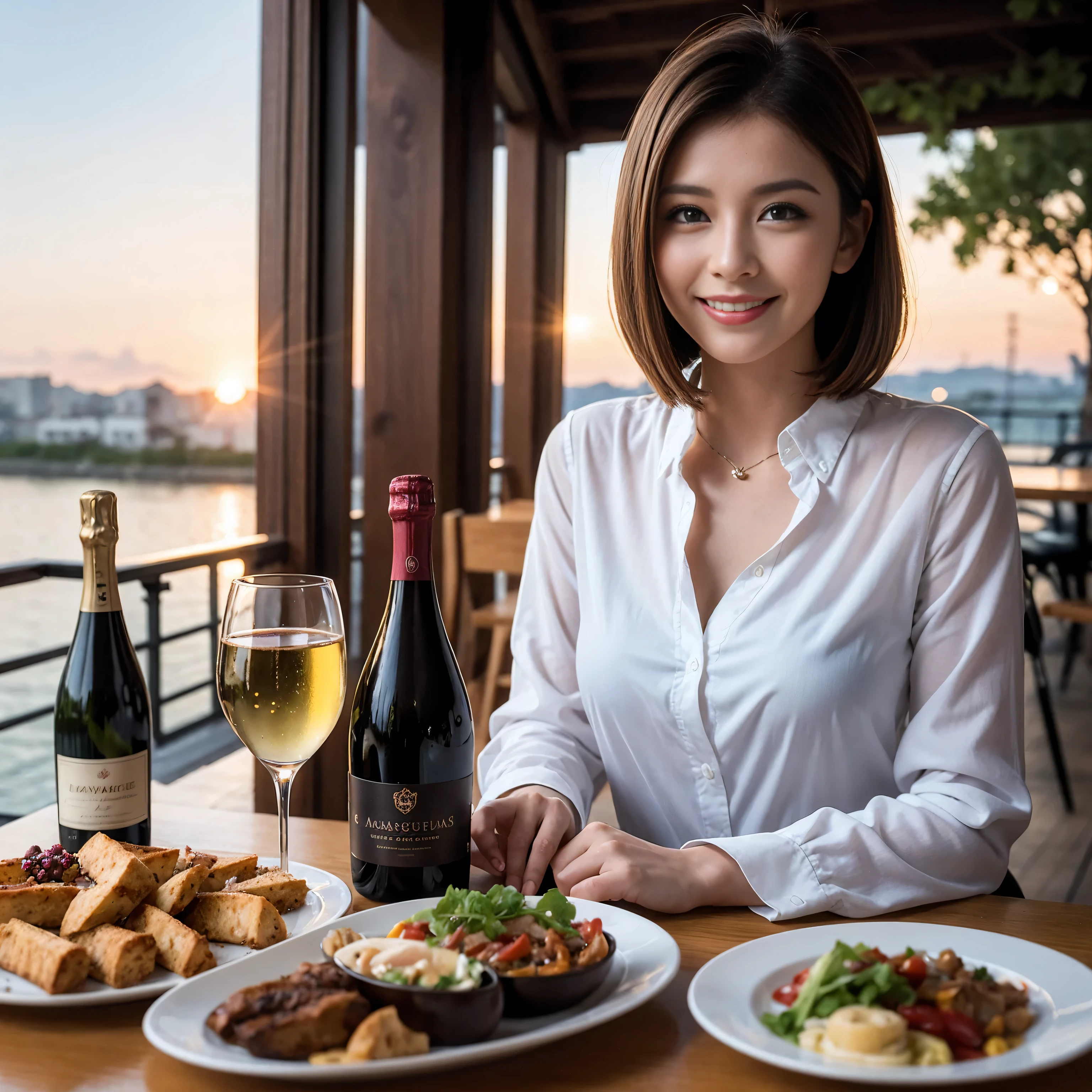 ((Highest quality、8k、masterpiece:1.3))、Slim couple、Pink rubber、Model Couple、(Realistic, Intricate details:1.2), full-course dinner、Wine Party、Amazing view of the sunset sky and clouds、A bright smile、The wonderfulness of smile、Bright image、The beauty of wine, Beautiful Face, Blue eyes, The light shines on your face, blush, short hair,Bright Face、 (Age 37), 39 years old, red wine 、Appetizers、Italian food、Wine bottle、Champagne、sparkling wine、Two beauties、Brown Hair、Shortcuts、Long sleeve shirt、dress、Beautiful woman 1, (Slim face), (The body is slim), (Brown Hair), (Shortcuts), cheeks turn a little red,Attractive beauty、restaurant, In a prominent place (From the waist up) Nova Frog Style, actress, model, Upper Body, White wine, slim, wine glass, A wine glass placed in the center, smile, (smile: 1.15), Beautiful fine grain, Depth f/2,saturation, High Contrast, Strong light and shadow,Moist Body:1.5、3D texture、Delicate eyes、Brown Hair、The hair is very shiny、