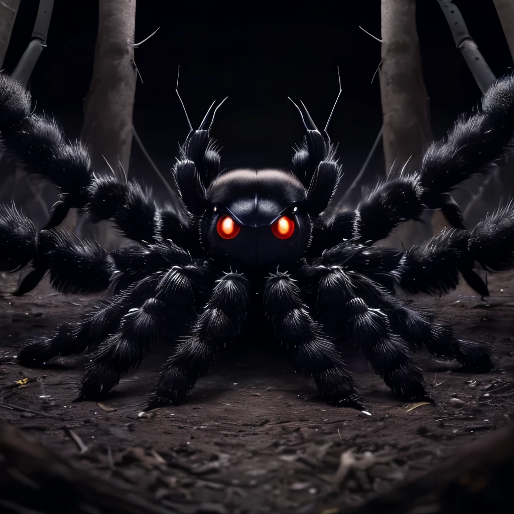 Dark Forest、((A large, thin, deformed black tarantula))、Cute eyes、Anime Spider、((Spread your six limbs wide))