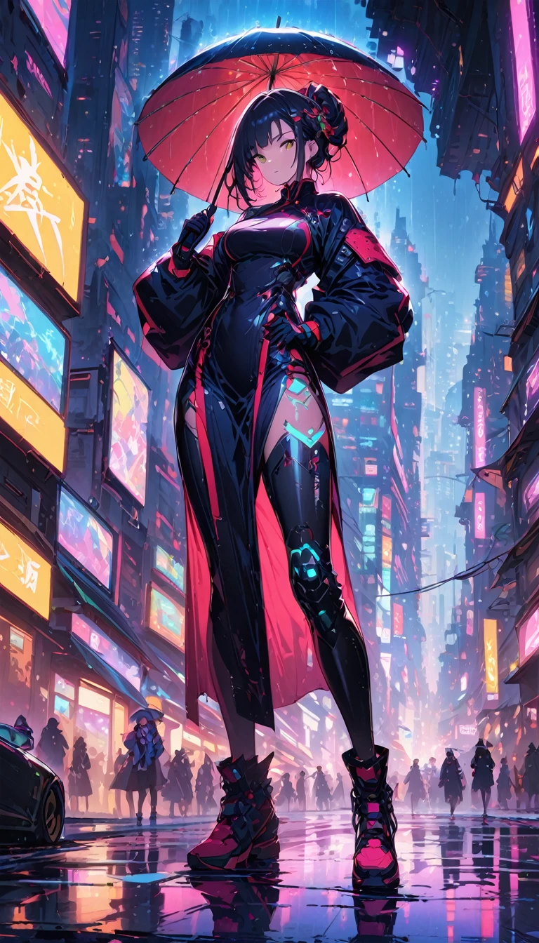 (最high quality), (Super Fine), (masterpiece), figure, 一个女孩Chinese Costume賽博朋克, (Holding an umbrella),(cyber punk,Chinese Costume,Cybernetic Implants),hair accessory, Bright colors,Dynamic Lighting,Neon Light,Shining city skyline,Holographic Projection,Future fashion clothing and shoes,Combining traditional and modern elements,avant-garde makeup,Exquisite hairstyle,Confidence and determination,urban environment,downpour,Slippery road reflection,Metallic feel,Machinery Armor, Gorgeous Accessories,High-tech products,Impressive cybernetic enhancements,Clear focus,Awkward details, Overclocking Rendering, cinematic edge light, Bright light, masterpiece, Super Details, A magnificent work, Ultra-high resolution, high quality, 32K