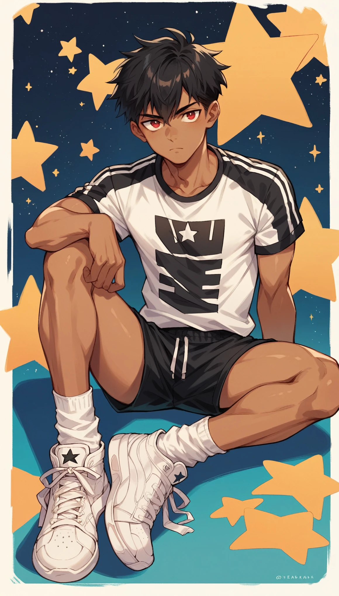 Handsome boy,Black Hair,Tanned skin,black sports wear,Slim body,sit,He has a pair of warm red eyes,Stars background,White socks,White sneakers,Vision