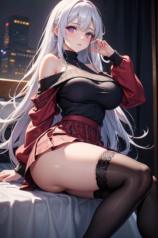 1girl, off-shoulder sweater, plaid skirt, long white hair, crimson right eye, violet left eye, big breasts, thick thighs, detailed, (best quality), (masterpiece), realistic, photorealistic, photo-realistic:1.37, HDR, UHD, studio lighting, ultra-fine painting, sharp focus, physically-based rendering, extreme detail description, professional, vivid colors, bokeh, portraits,sitting,wearing thigh highs,feet focus