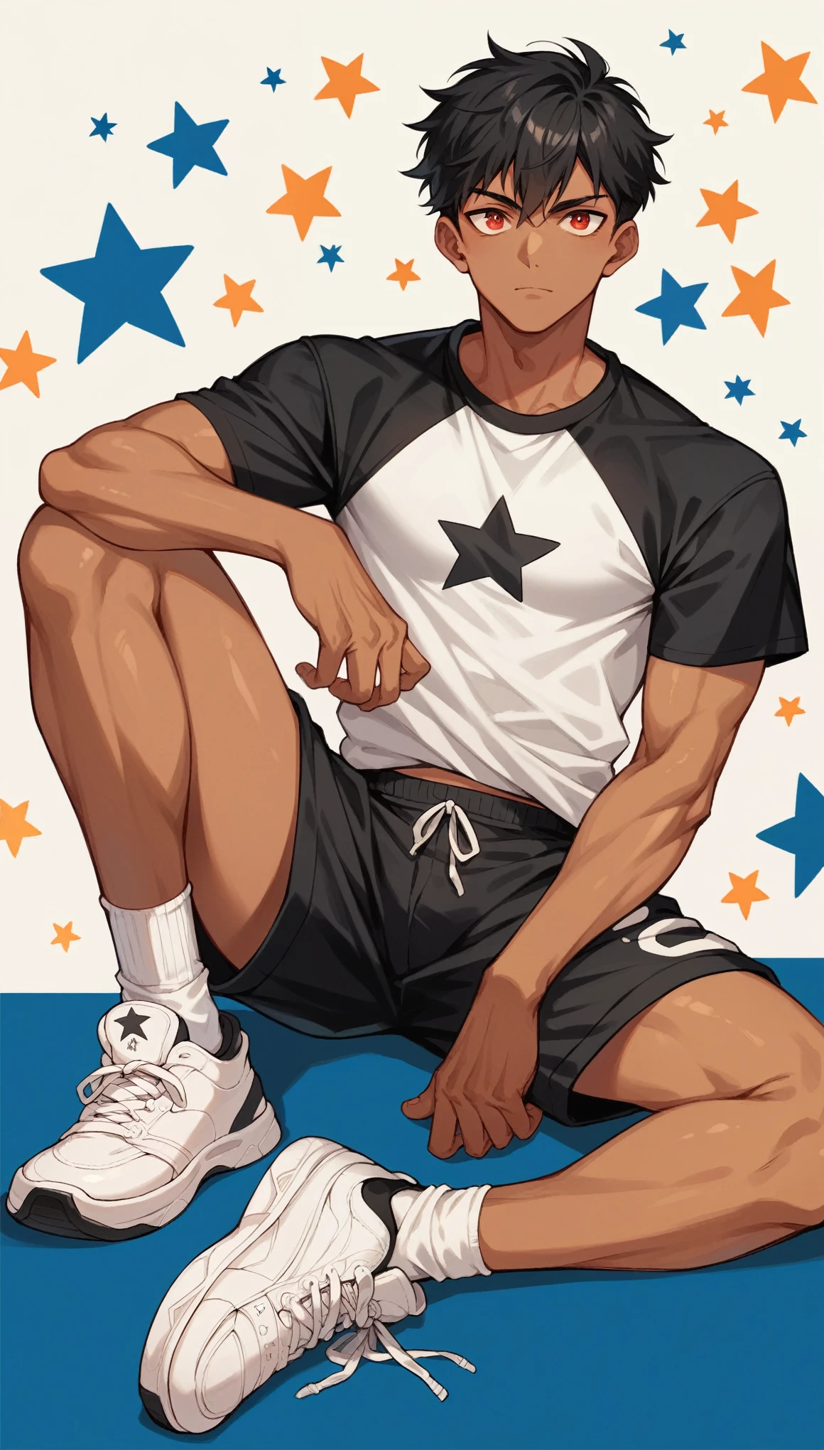 Handsome boy,Black Hair，Tanned skin，black sports wear，Slim body，sit，He has a pair of warm red eyes，Stars background，White socks，White sneakers，Vision