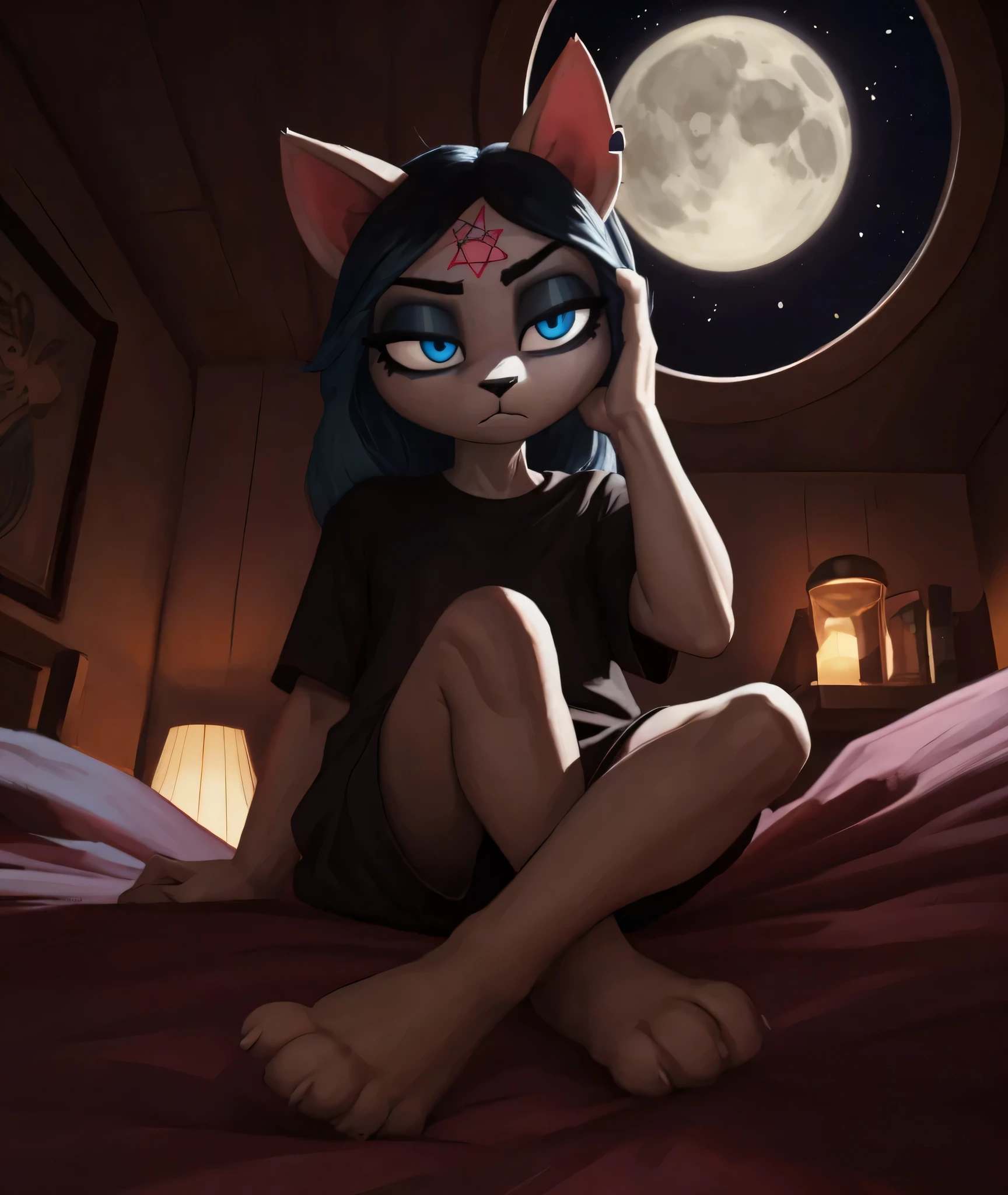 [Claire], [the summoning], [Uploaded to e621.net; (Pixelsketcher), (wamudraws)], ((masterpiece)), ((HD)), ((high res)), ((solo portrait)), ((full body)), ((front view)), ((low angle view)), ((feet visible)), ((detailed fur)), ((detailed soft shading)), ((beautiful render art)), {(slim figure), white fur, black nose, (cat snout), (cat ears), (cut on left ear), long blue hair, (bang over left eye), (pink pentagram on forehead), (cute blue eyes), (half-closed eyes), (short eyelashes), (indigo eyeshadow), (curvy hips), (beautiful legs), (beautiful feet), intimidating glare), (bored expression)}, {(long black baggy tee shirt), (pink pajama shorts)}, {(laying on bed), (crossed legs), (looking at viewer)}, [ambient lighting, bedroom, window, starry sky, nighttime, lamp]
