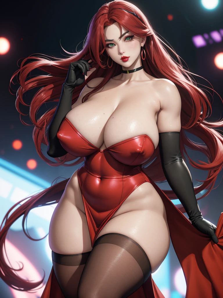 CARTOON_jessica_rabbit_aiwaifu,aiwaifu,
hair over one eye,red hair,narrow waist,very long hair, big hair, tall female, toned,makeup,lipstick,large breasts,eyeshadow,green eyes,thighs,huge breasts,red lips,lips,curvy,thick thighs,wide hips,collarbone,long legs, one eye covered,
elbow gloves,purple gloves,dress,bare shoulders,cleavage,red dress,strapless,strapless dress,side slit,jewelry,earrings,long dress,cocktail dress,pantyhose,thighhighs,
official art,extremely detailed CG unity 8k wallpaper, perfect lighting,Colorful, Bright_Front_face_Lighting,shiny skin, (masterpiece:1.0),(best_quality:1.0), ultra high res,4K,ultra-detailed, photography, 8K, HDR, highres, (absurdres:1.2), Kodak portra 400, film grain, blurry background, (bokeh:1.2), lens flare, (vibrant_color:1.2),professional photograph, (beautiful_face:1.5),