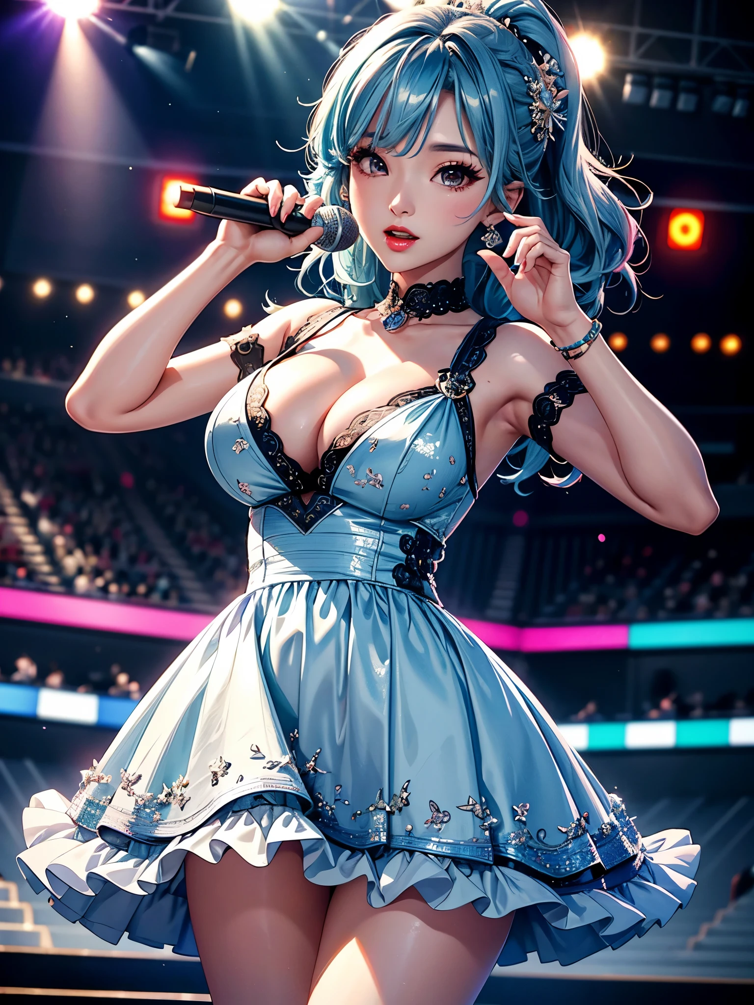1 lady only, k-pop artist, korean singing idol, Twenty generations, cute girl, (Sing:1.2) (dynamic posing:1.2), (Colorful fashion icon outfits), beautiful mature women, (Long sliver hair gradient sky blue hair) (best quality:1.2), Exquisite illustrations, Super detailed, Large Breasts, (Hold the microphone) , one hand raised, Sing and dance, (large music stage) Indoors, Year-end music concert, Spotlights of various colors, audience, Ultra-high resolution, The best masterpiece, best quality, 8k Ultra HD, high detail, CG unity, C4D Rendering, 3D Rendering