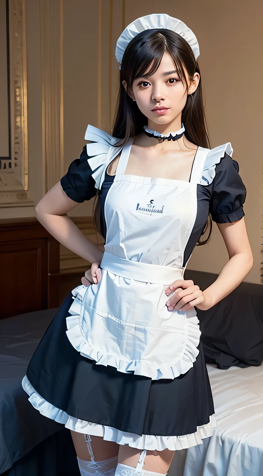 (Raw photo:1.2), masterpiece, In 8K, High resolution, (Photorealistic:1.4), ((Standing in the bedroom:1.4))、((Model pose:1.5))、((Cowboy Shot:1.4))、Surreal Girl, Very detailed目と顔, Beautiful and fine details, Realistic Face, High resolution, Very detailed, Highest quality, ((masterpiece:1.7))、((garter:1.4))、 Very detailed,grow, Mansion, Highest quality, Light on the face, Light, Brown Hair, 18-year-old female, (smile:0.5), Thighs Thighs Thighs Thighs, Headdress, ((Dark blue maid clothes:1.5)), Black Ribbon, Puff sleeves, first round, choker, ((White apron with fine frills:1.4)),