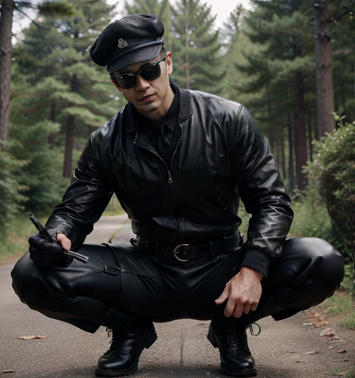 40 years old,One Man,トルコのHandsome戦闘員,Black Suit、Black cap、forest、Squat with your legs wide apart、Hold a gun,logic,Gay ,Short Hair、Short Hairのオールバック、Stubble,Handsome、Fighting spirit、The crotch area is bulging。Shocker Belt、Black boots、Black gloves、Black sunglasses、