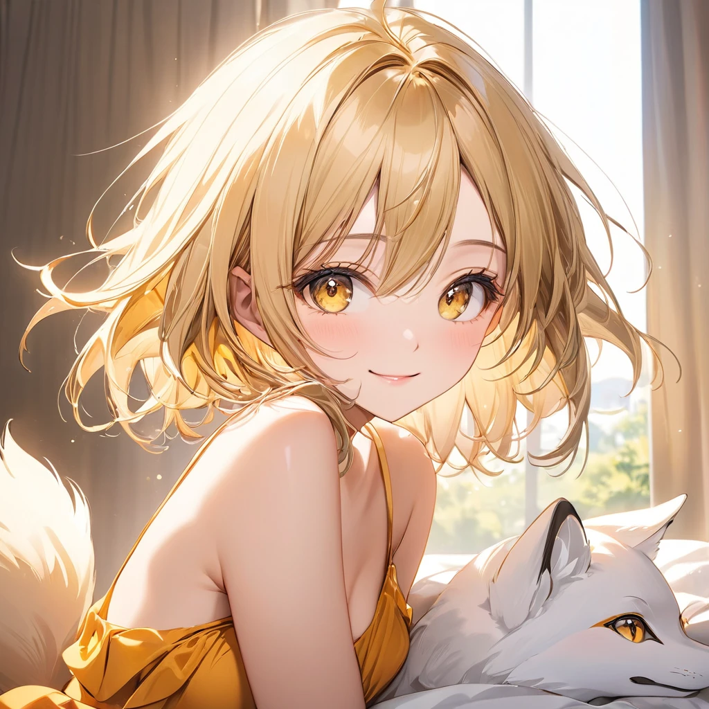 (Highest quality, 8k, 32K, masterpiece, Ultra-high resolution,:1.2),born, One girl,Super cute , Natural light,Clear, shining eyes, 20-year-old ,Fair skin, Blonde, Golden Eyes, Slanted Eyes, A beautiful girl like a fox, Short cut to shoulder length, Provocative smile